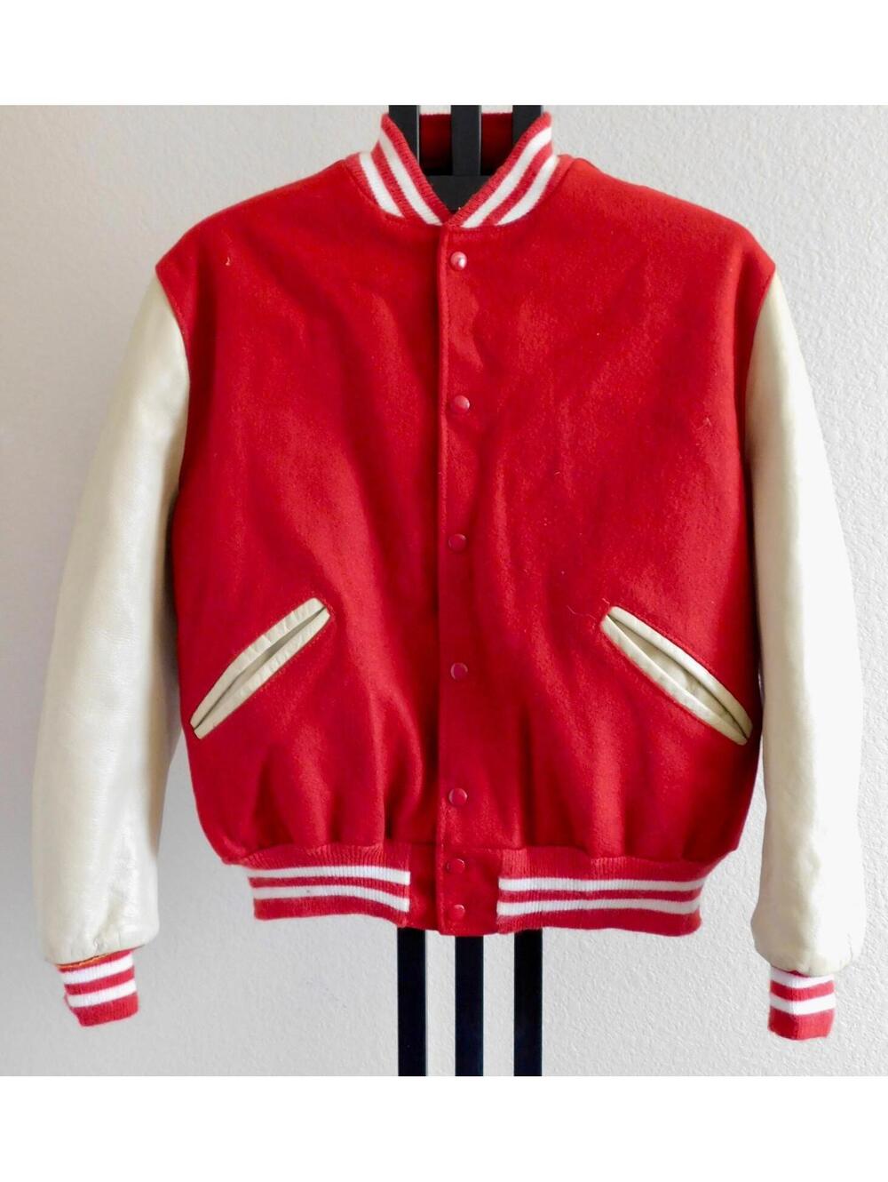 VTG DeLong Varsity Letterman Jacket Size 46 Red Wool White Leather Sleeves USA